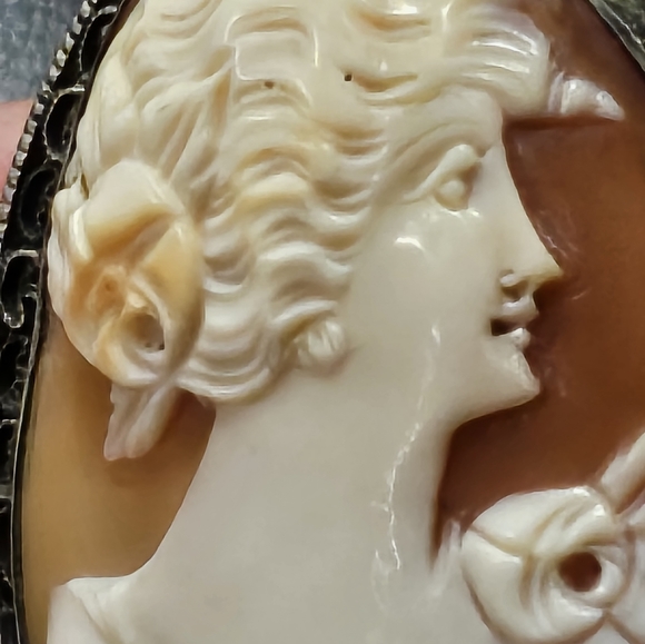 Vintage 1900s real Carnelian shell cameo, silver victorian 10k gold - Picture 9 of 9